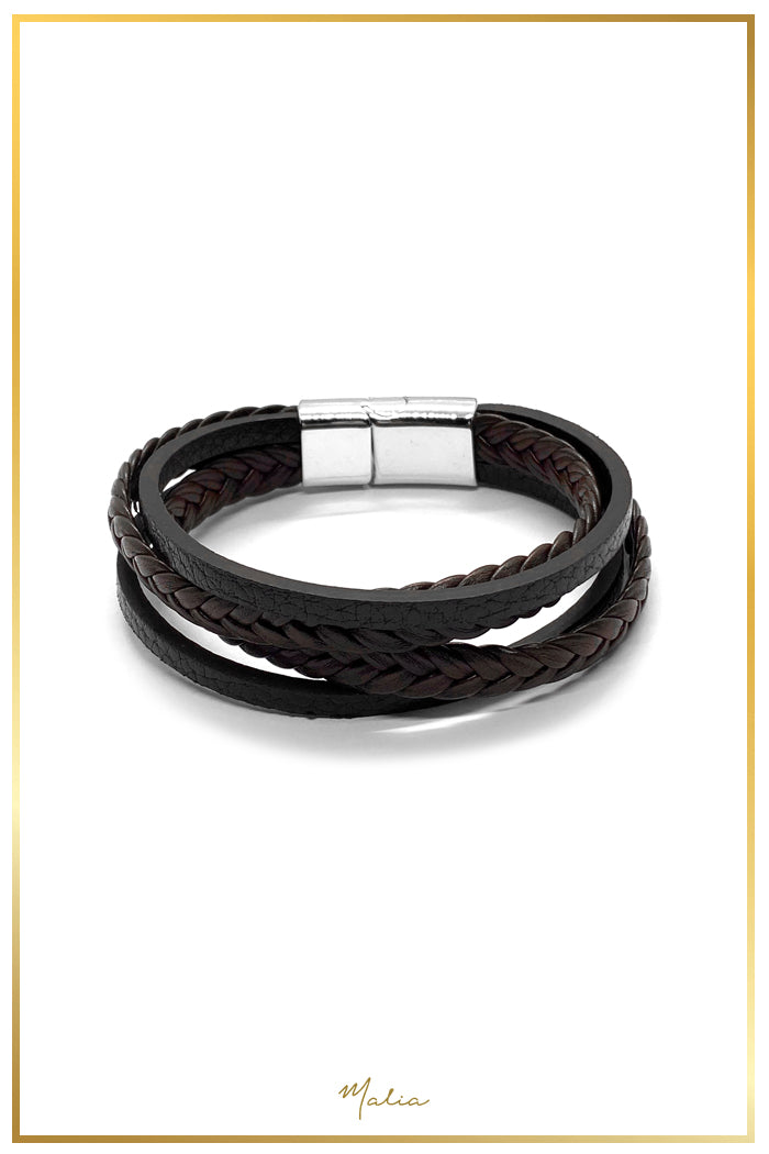 Pulsera Hombre Multi Cuero Café con Broche Plateado