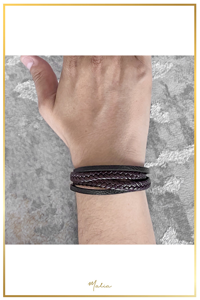 Pulsera Hombre Multi Cuero Café con Broche Plateado