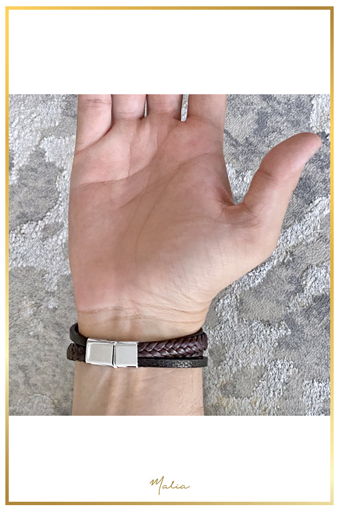 Pulsera Hombre Multi Cuero Café con Broche Plateado