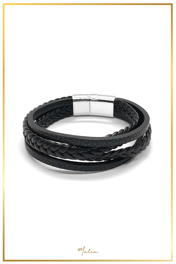 Pulsera Hombre Multi Cuero Negro con Broche Plateado