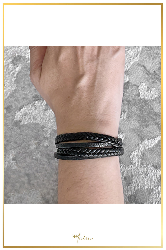 Pulsera Hombre Multi Cuero Negro con Broche Plateado