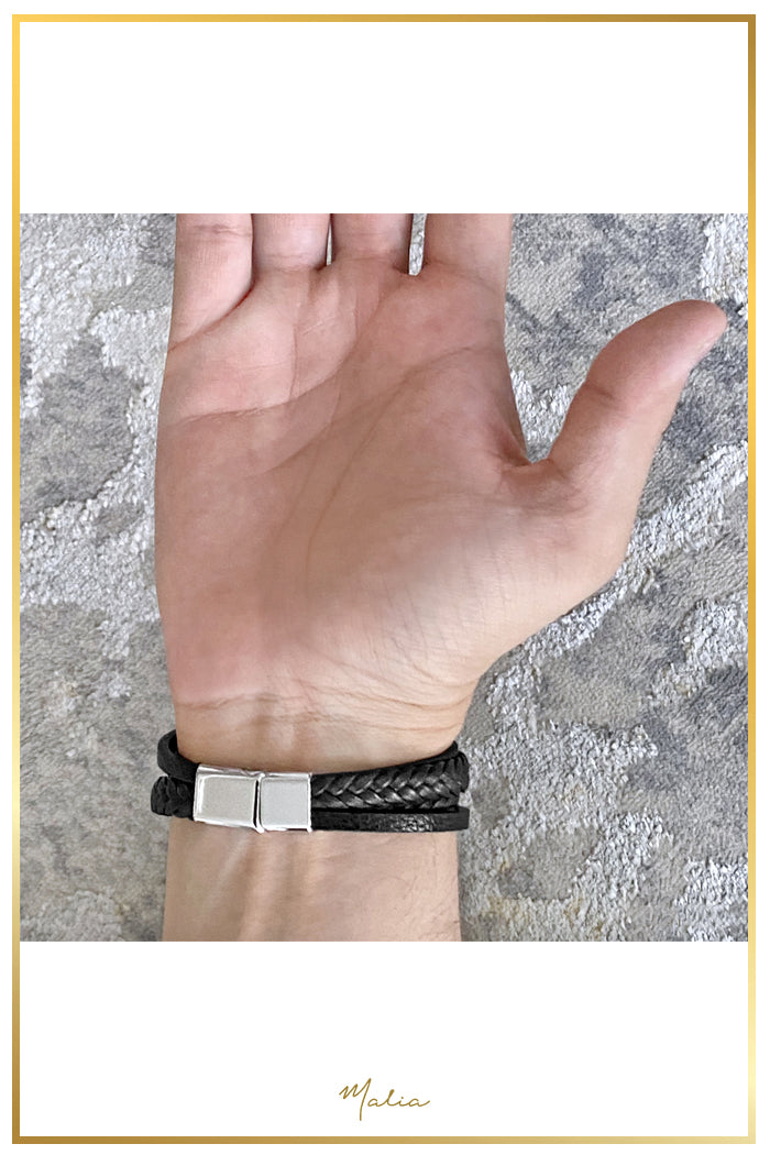 Pulsera Hombre Multi Cuero Negro con Broche Plateado