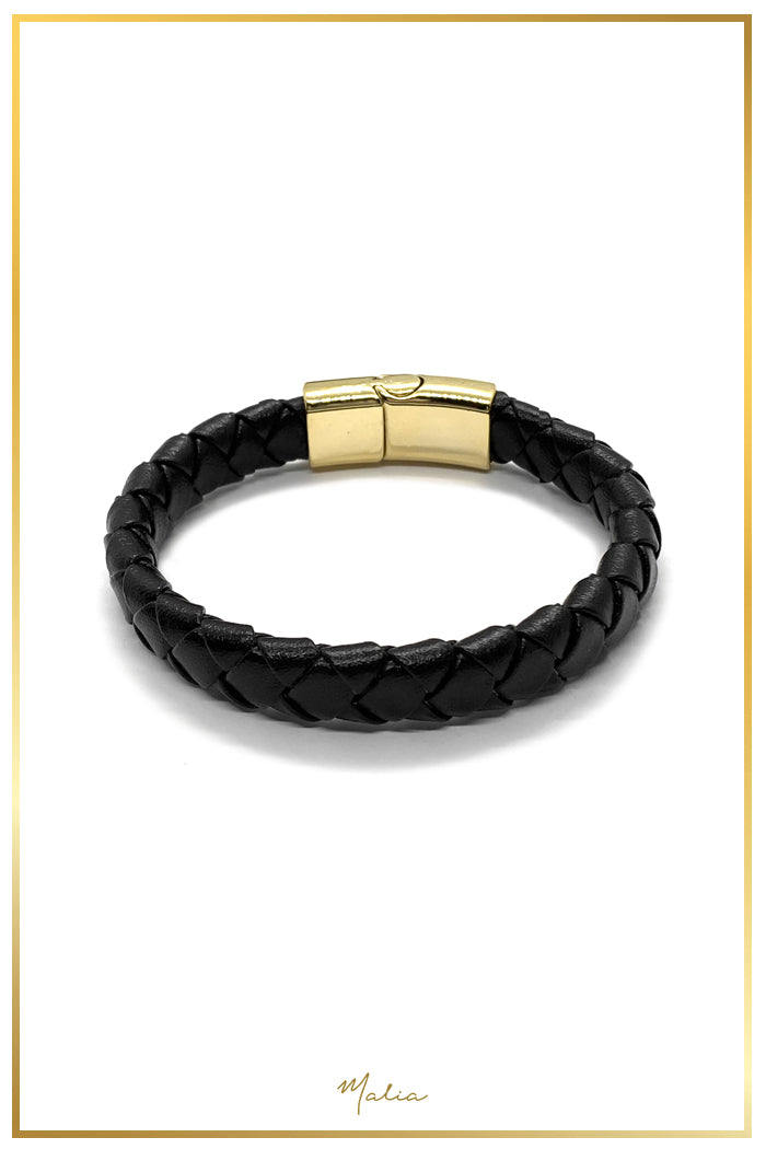 Pulsera Hombre Cuero Trenzado Negro con Broche Dorado