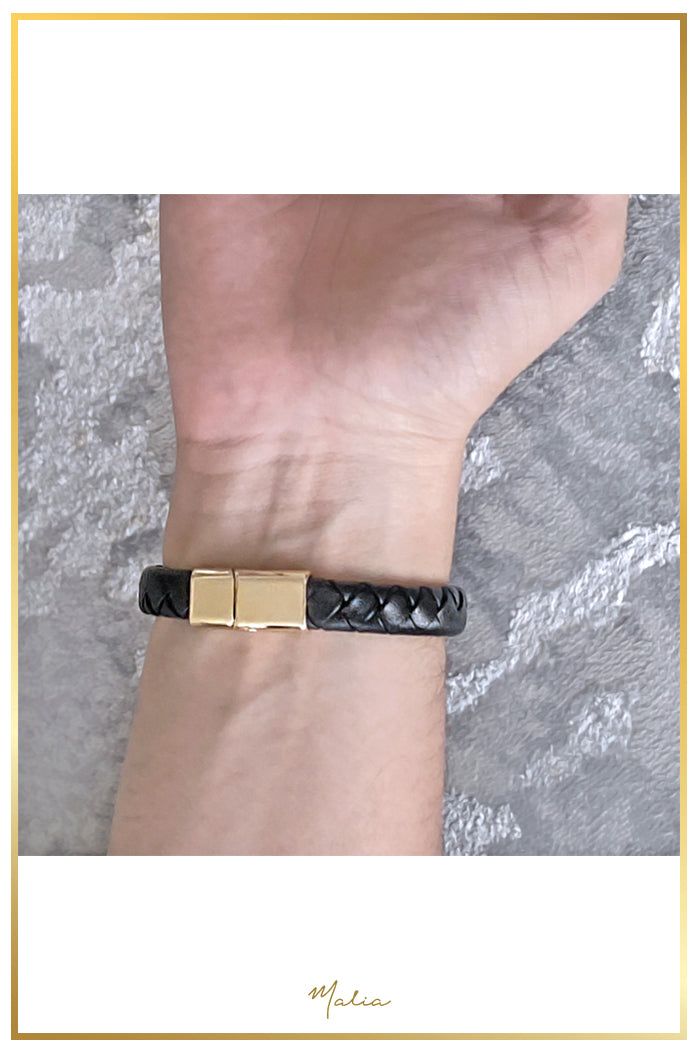 Pulsera Hombre Cuero Trenzado Negro con Broche Dorado