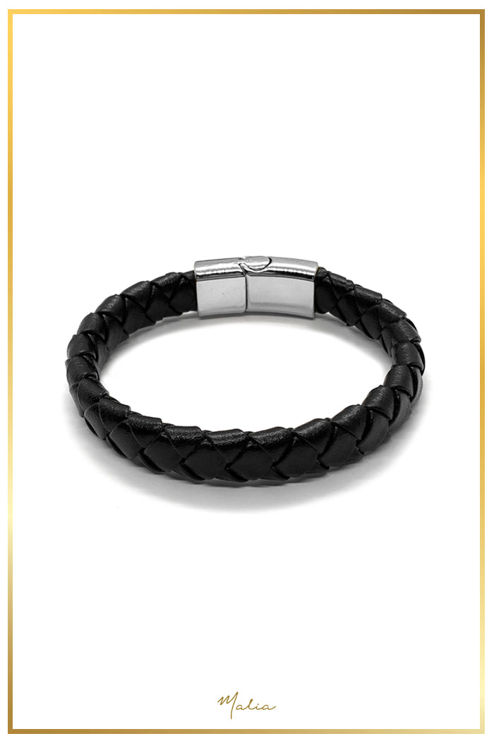 Pulsera Hombre Cuero Trenzado Negro con Broche Plateado