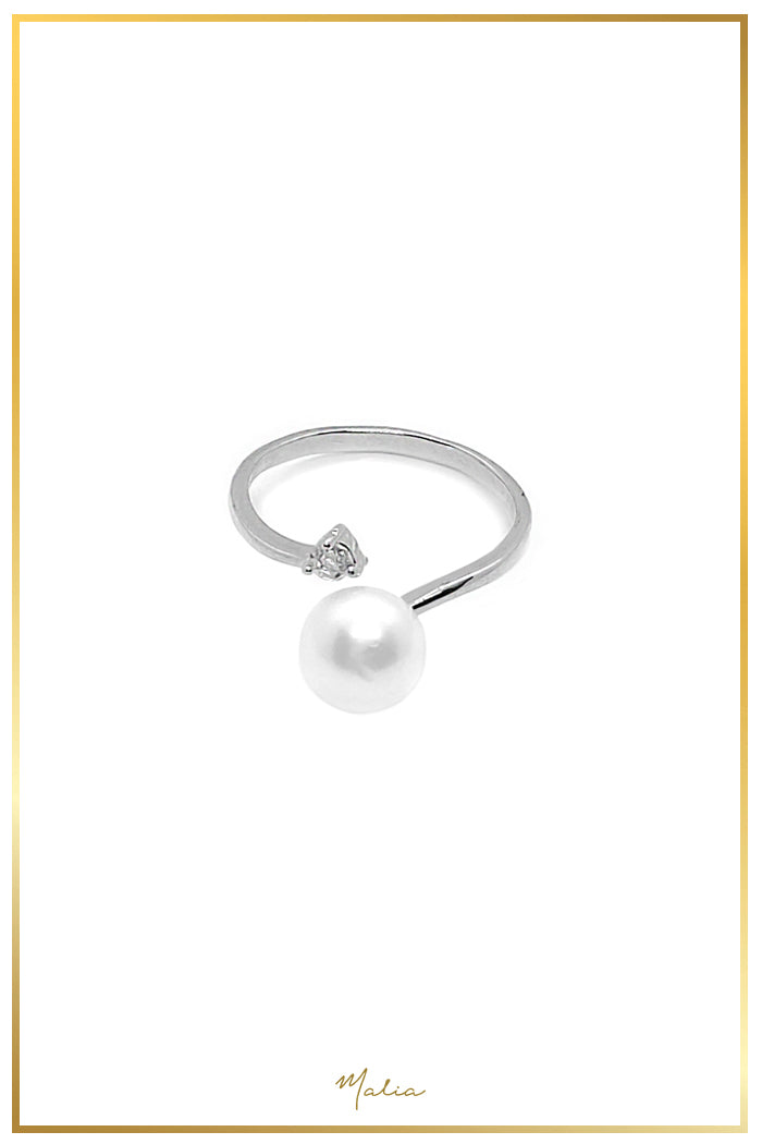 Anillo Tu y Yo Perla Cultivada con Circonia Pequeña en Rodio