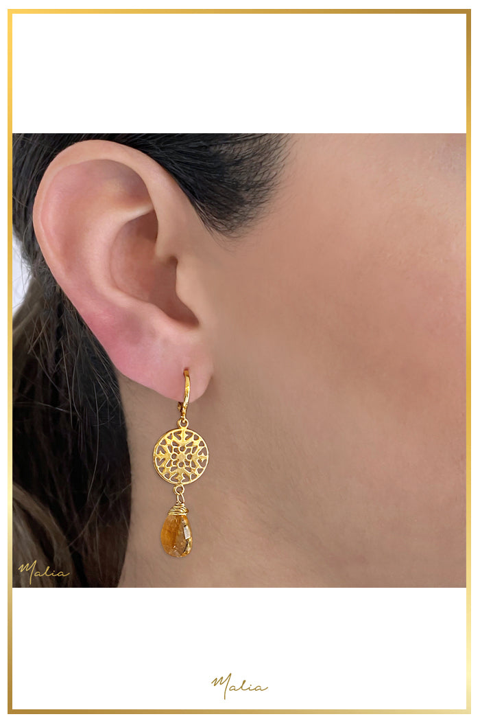 Aretes Topacio Limón Natural con Mandala