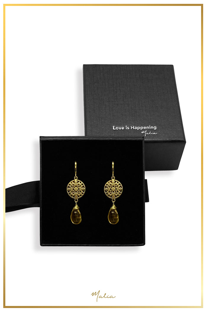 Aretes Topacio Limón Natural con Mandala