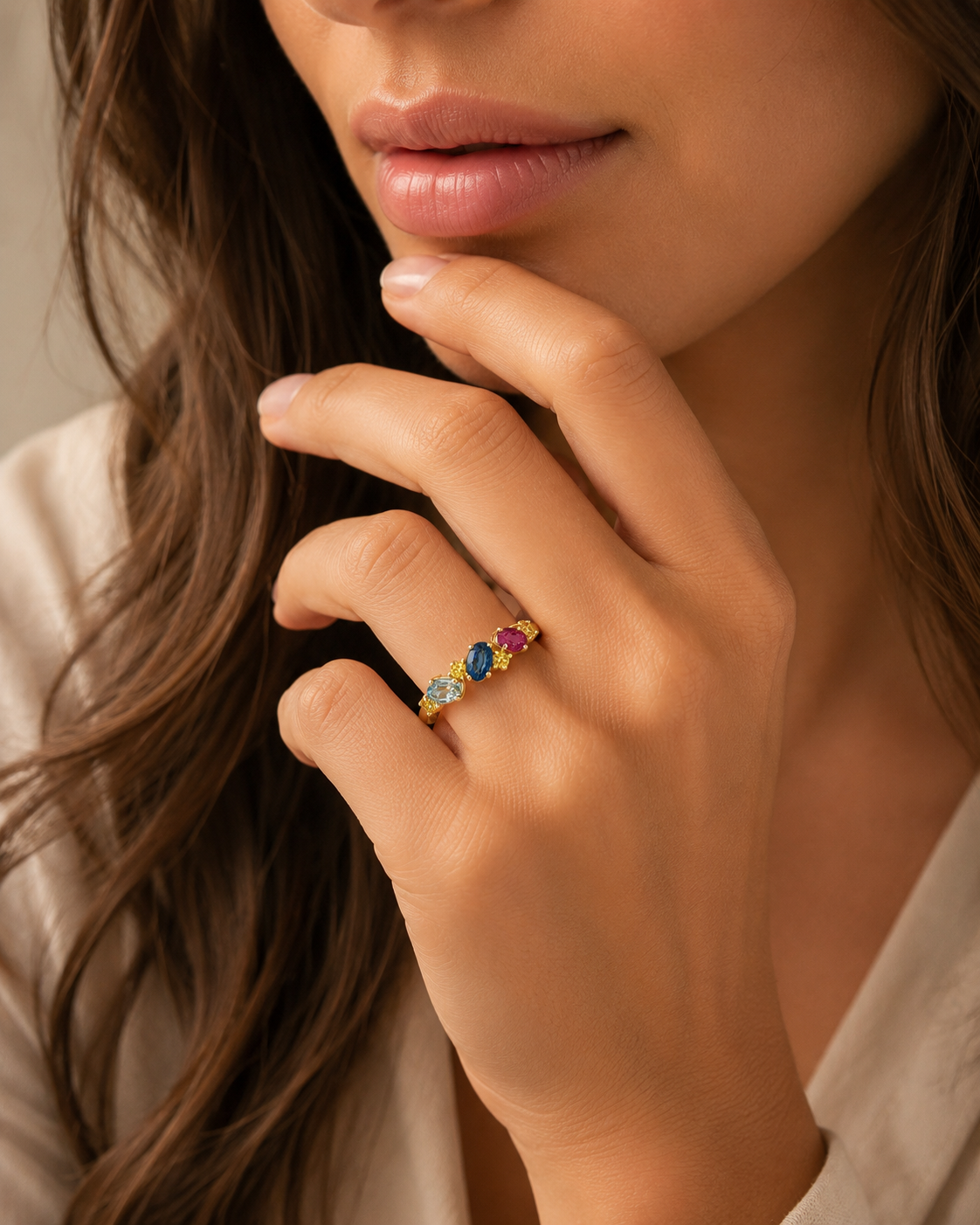 Hummingbird ring - Tourmaline, Sapphire and Ruby