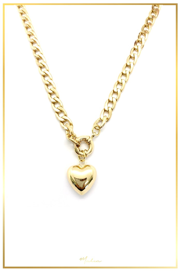 Collar Corazón Chunky con Broche Circular en Chapa de Oro en Cadena Gruesa