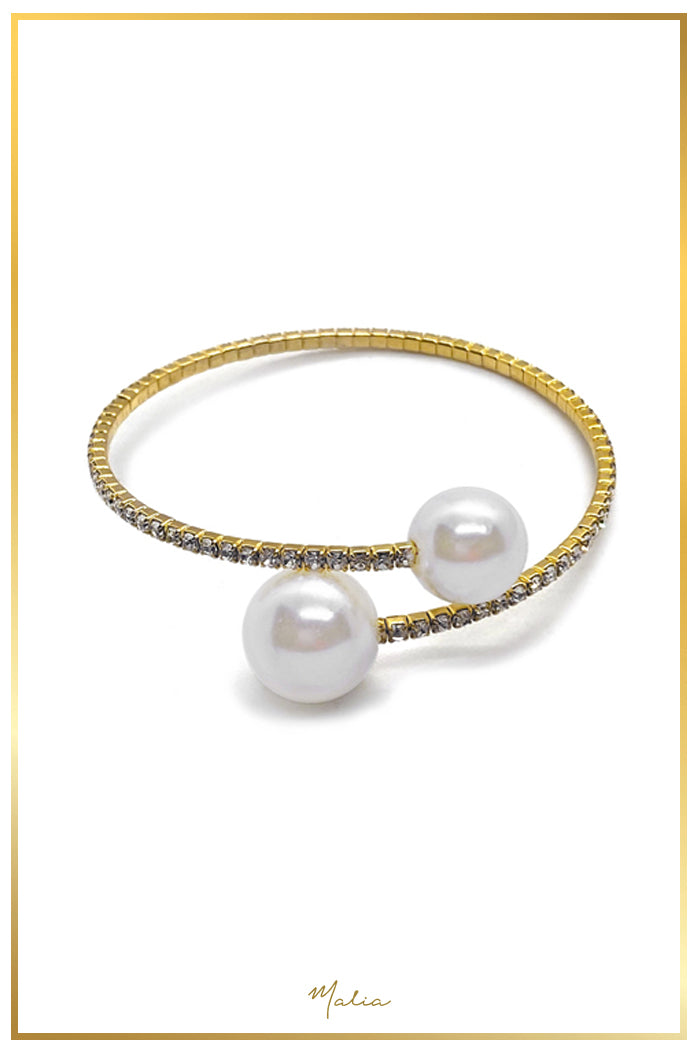 Pulsera Ajustable Dos Perlas con Circonias en Chapa de Oro