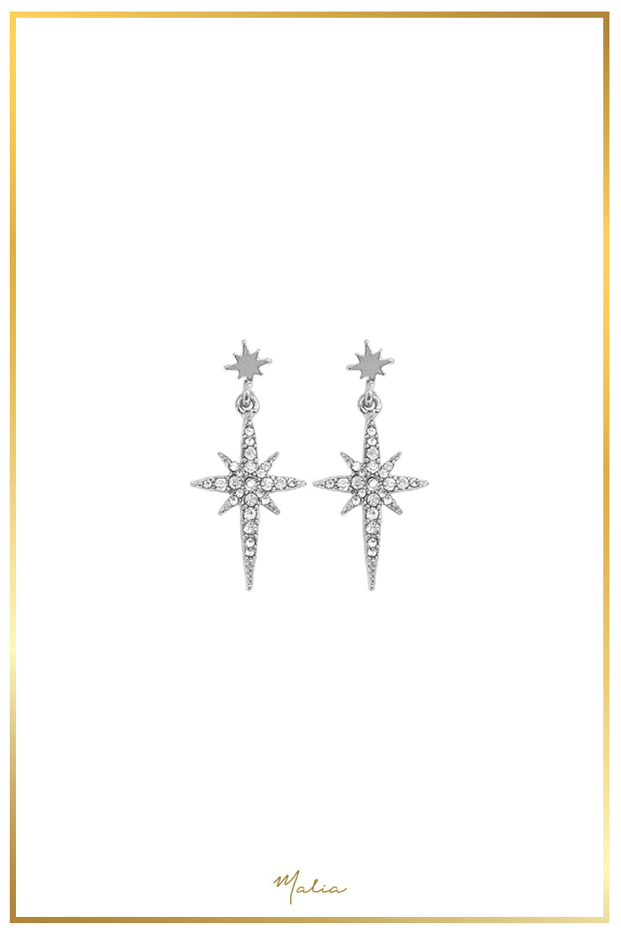 Aretes Estrella Alargada con Circonias en Rodio